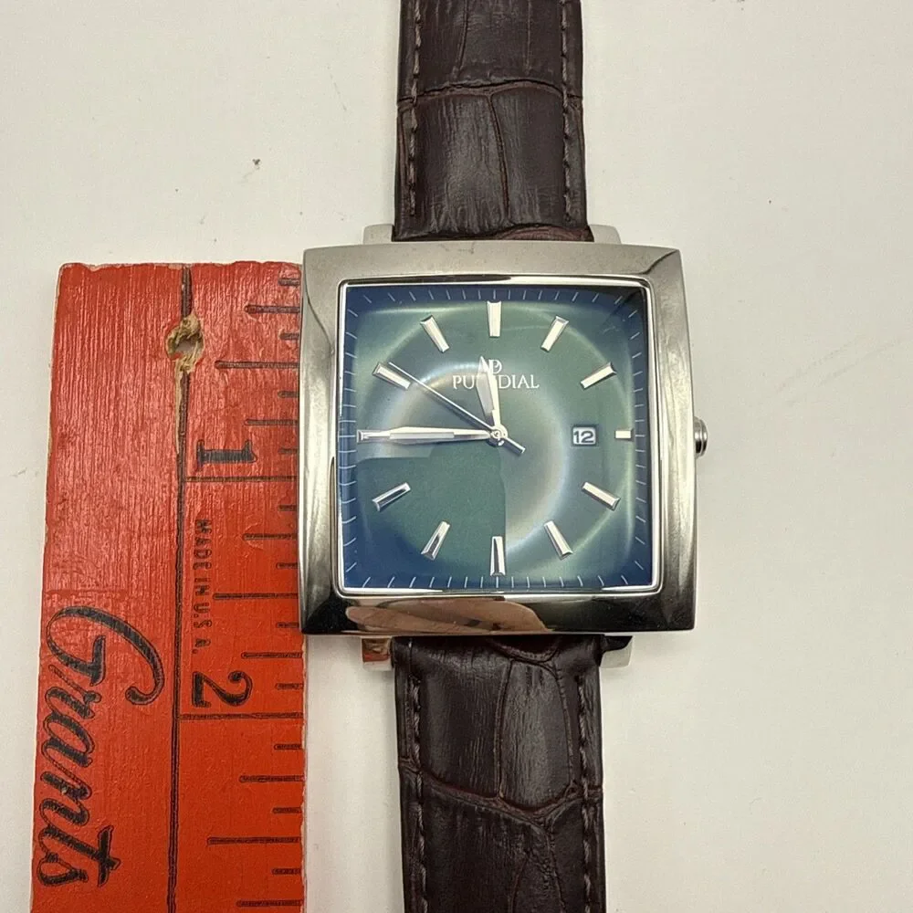 Puredial Square Legacy 1860s Style Mens Stainless Steel Watch Brown Leather Band